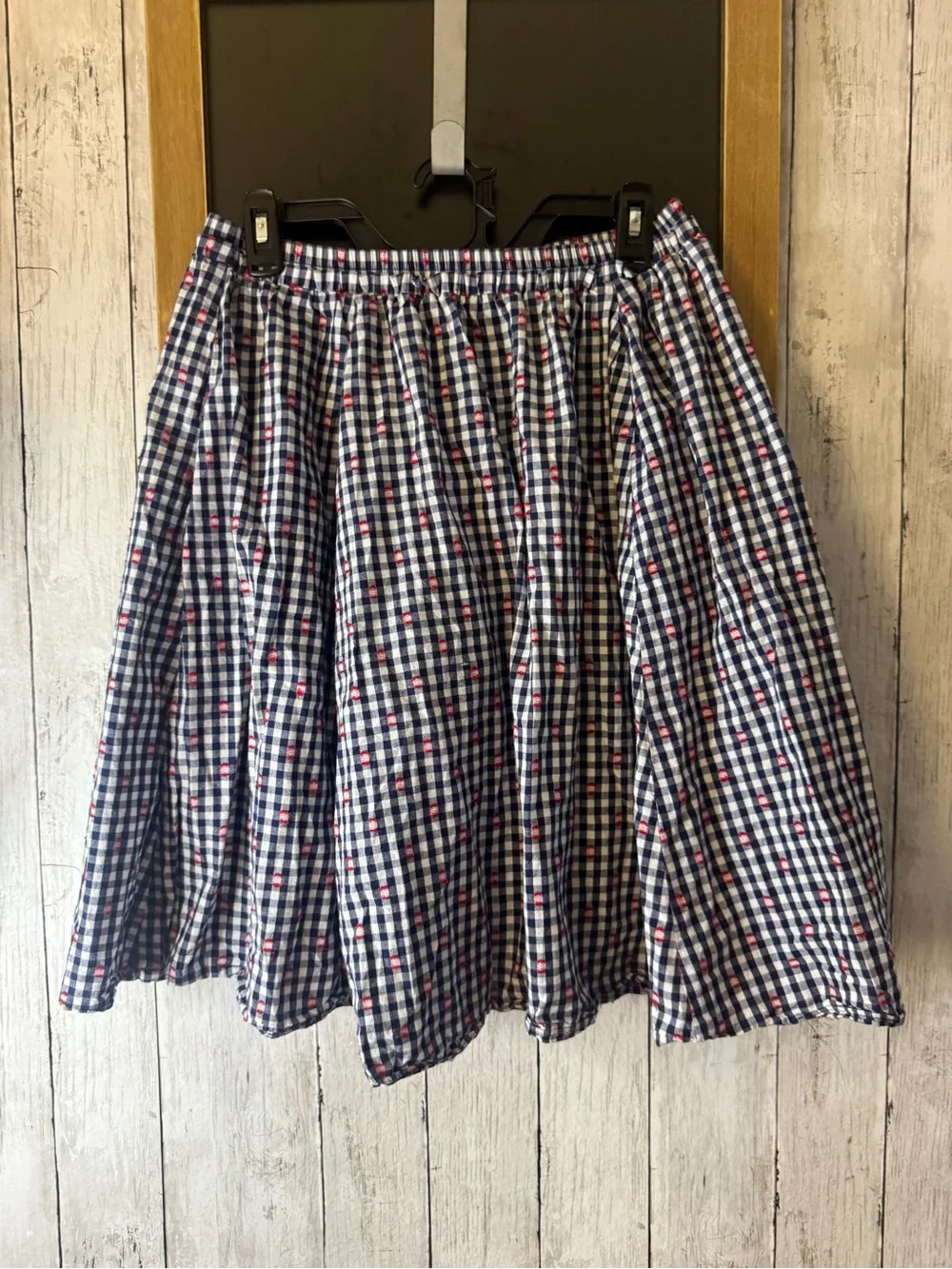 Maeve navy gingham skirt with red accents. Size M